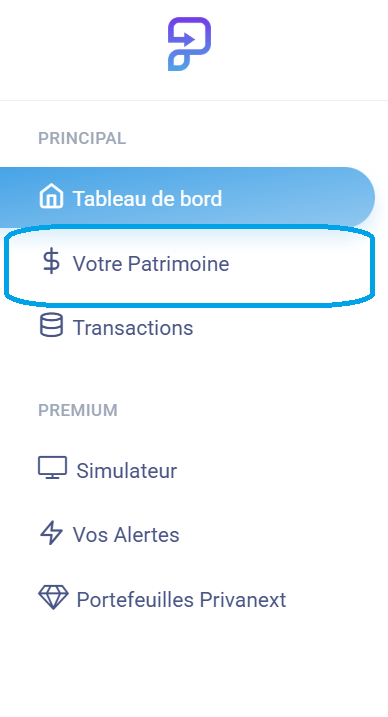 Menu de gauche de Privanext avec l'élément « Votre Patrimoine » mis en évidence