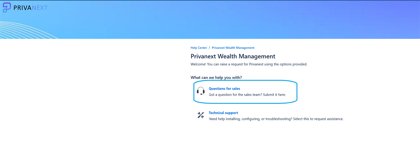 Privanext help center with the "Questions for sales" option highlighted
