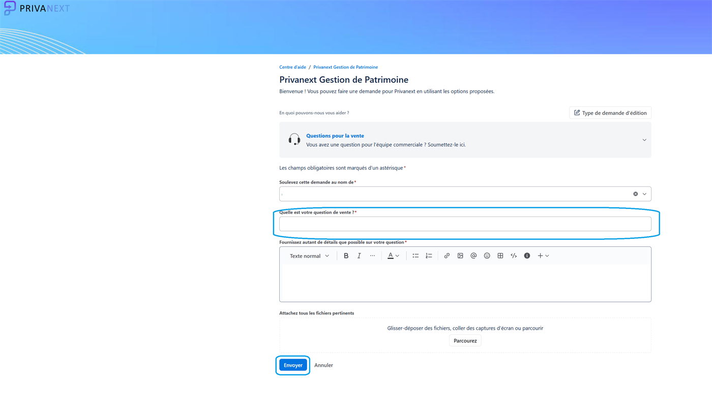 Privanext request form with the question field and the "Submit" button highlighted